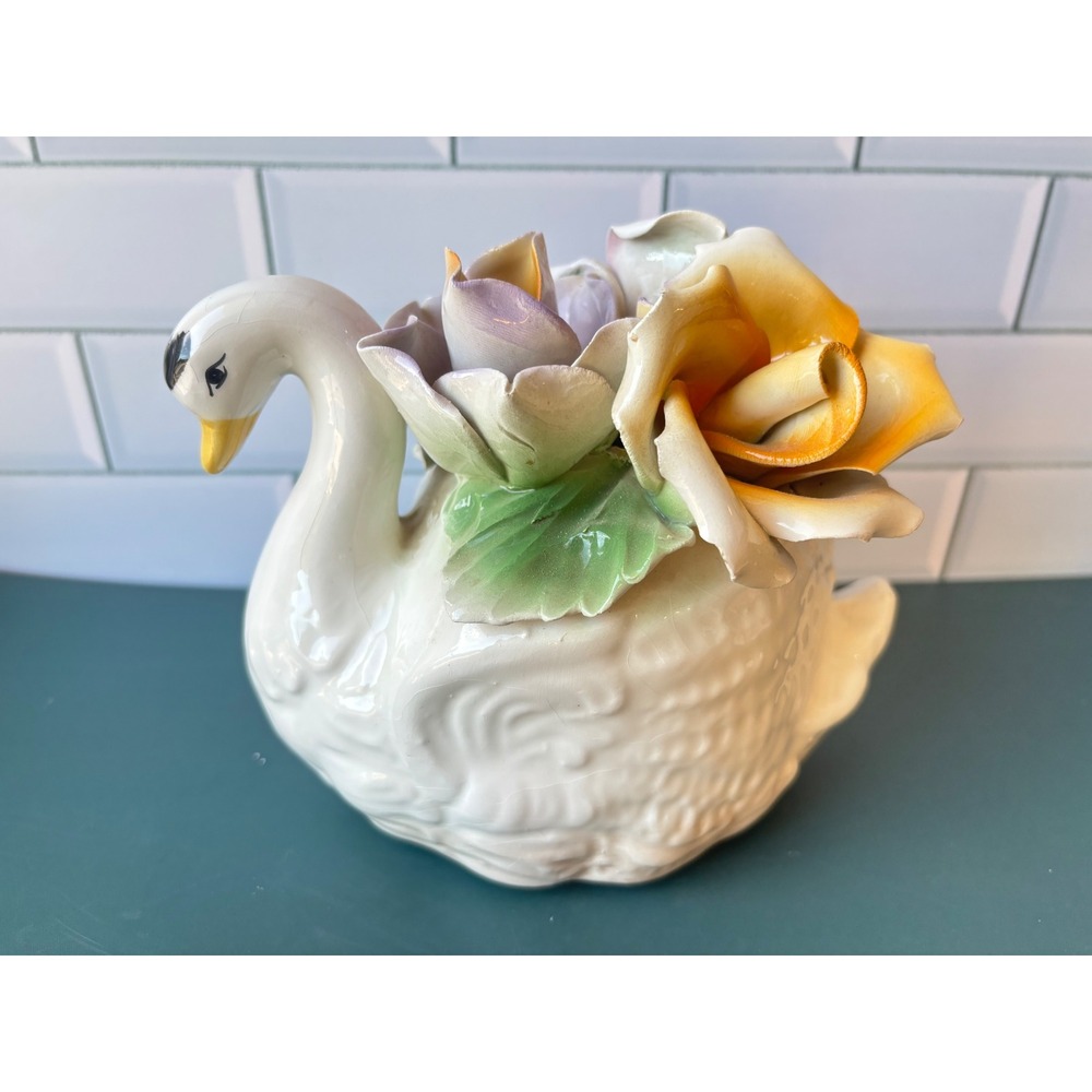 Vintage Capodimonte Ceramic Swan Figurine Multi Color Roses Floral Bouquet Decor